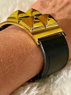 Michael Kors Gold Pyramid Stud Bracelet with Black Leather Strap